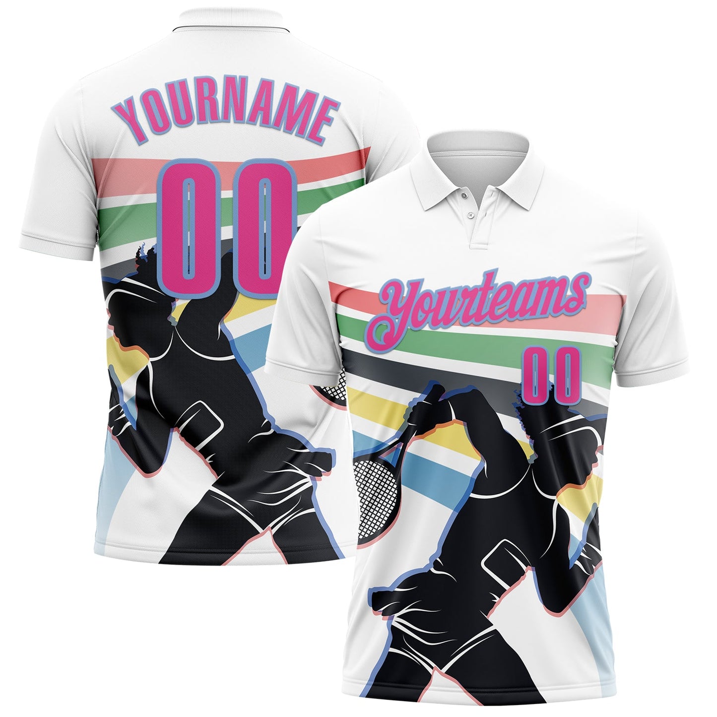 Custom White Pink-Light Blue 3D Tennis Performance Polo Shirt - Main View