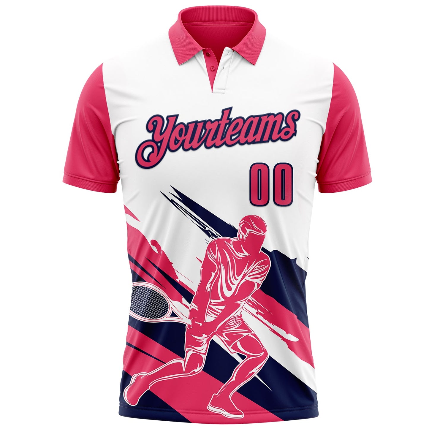 Custom White Neon Pink-Navy 3D Tennis Performance Polo Shirt view 2