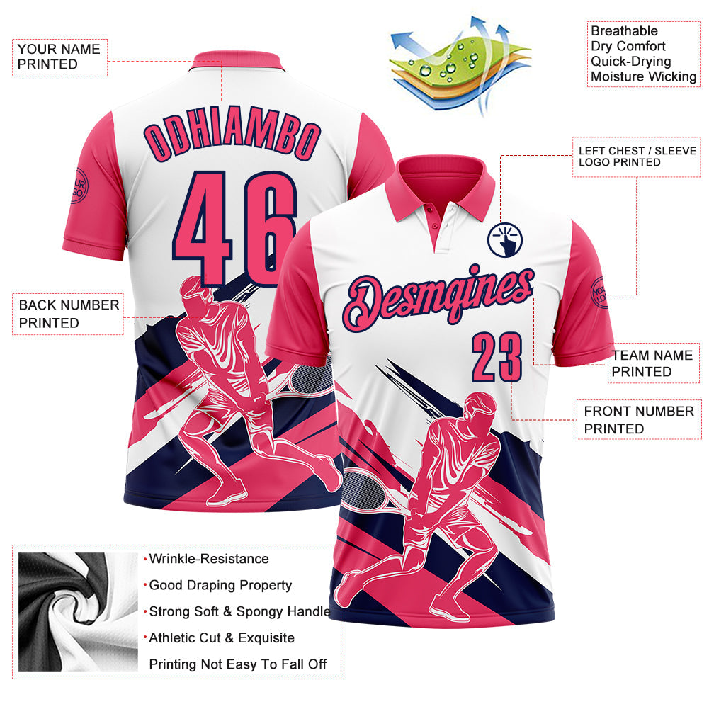 Custom White Neon Pink-Navy 3D Tennis Performance Polo Shirt view 3