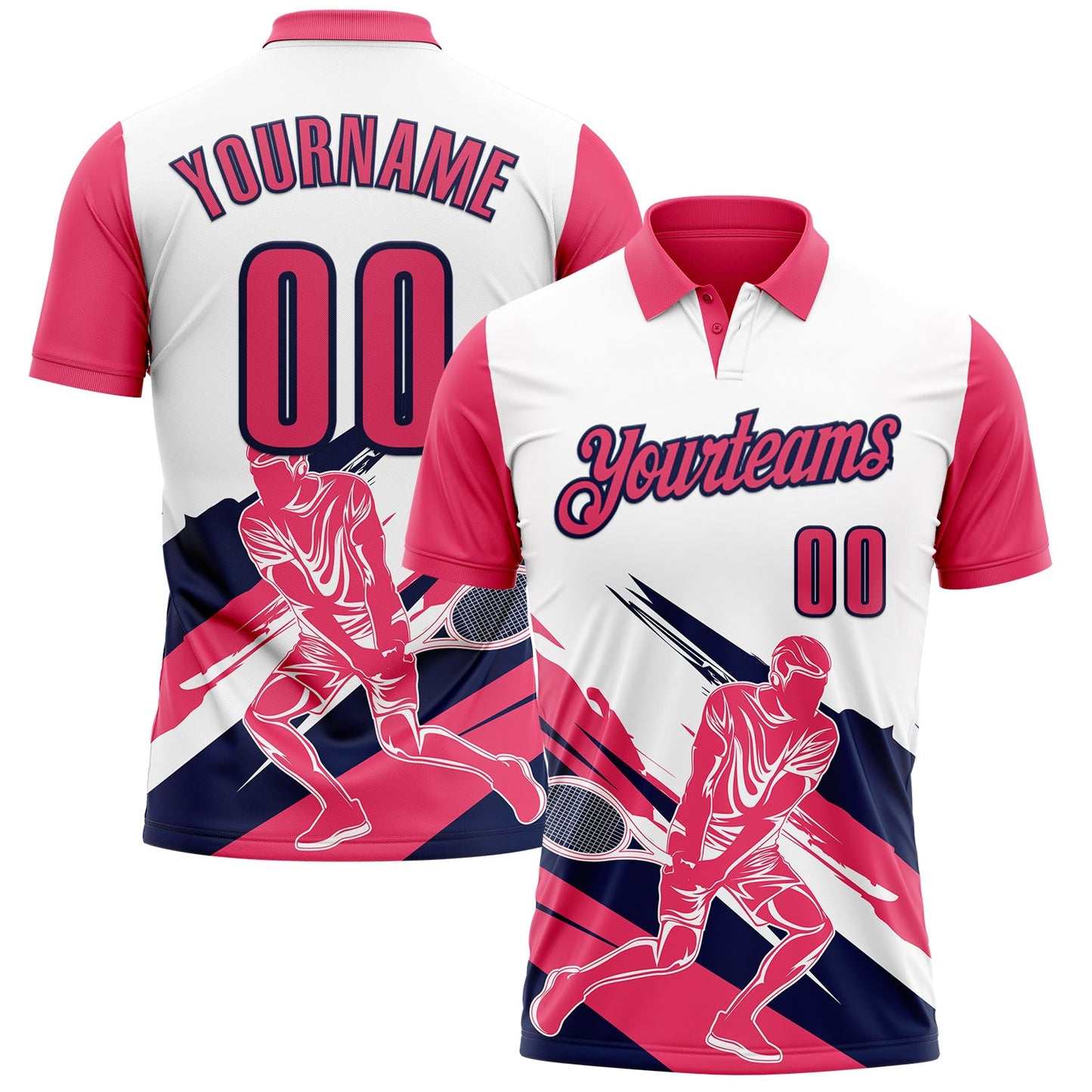 Custom White Neon Pink-Navy 3D Tennis Performance Polo Shirt - Main View