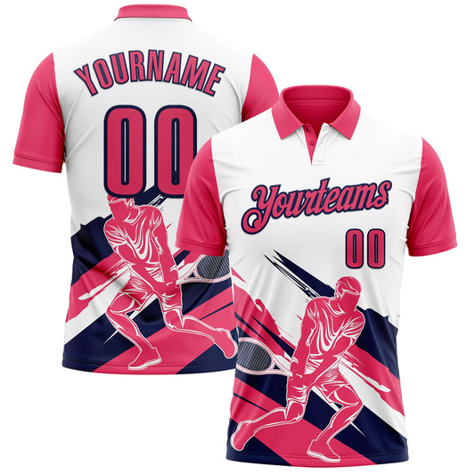 Custom White Neon Pink-Navy 3D Tennis Performance Polo Shirt - Main View