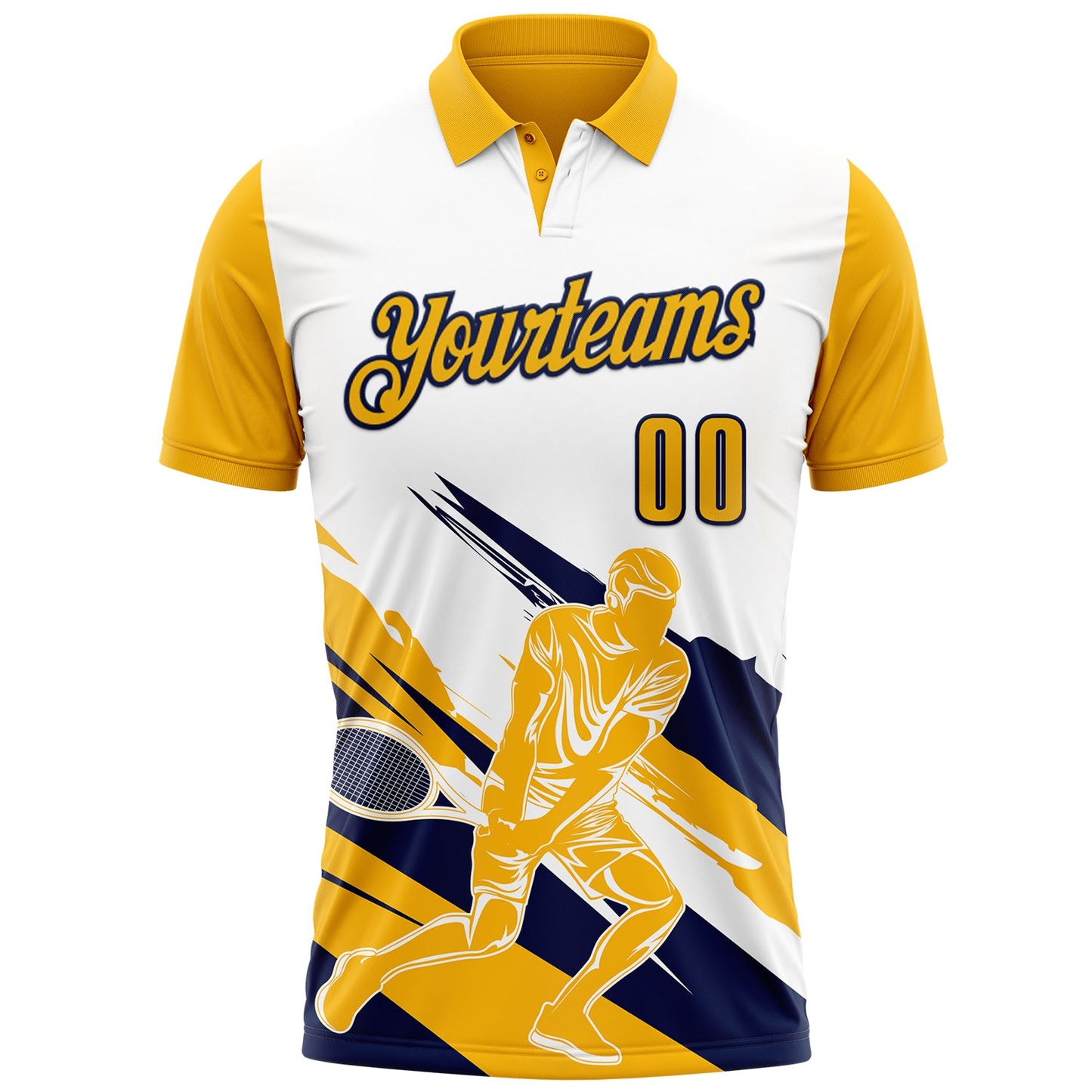 Custom White Gold-Navy 3D Tennis Performance Polo Shirt view 2