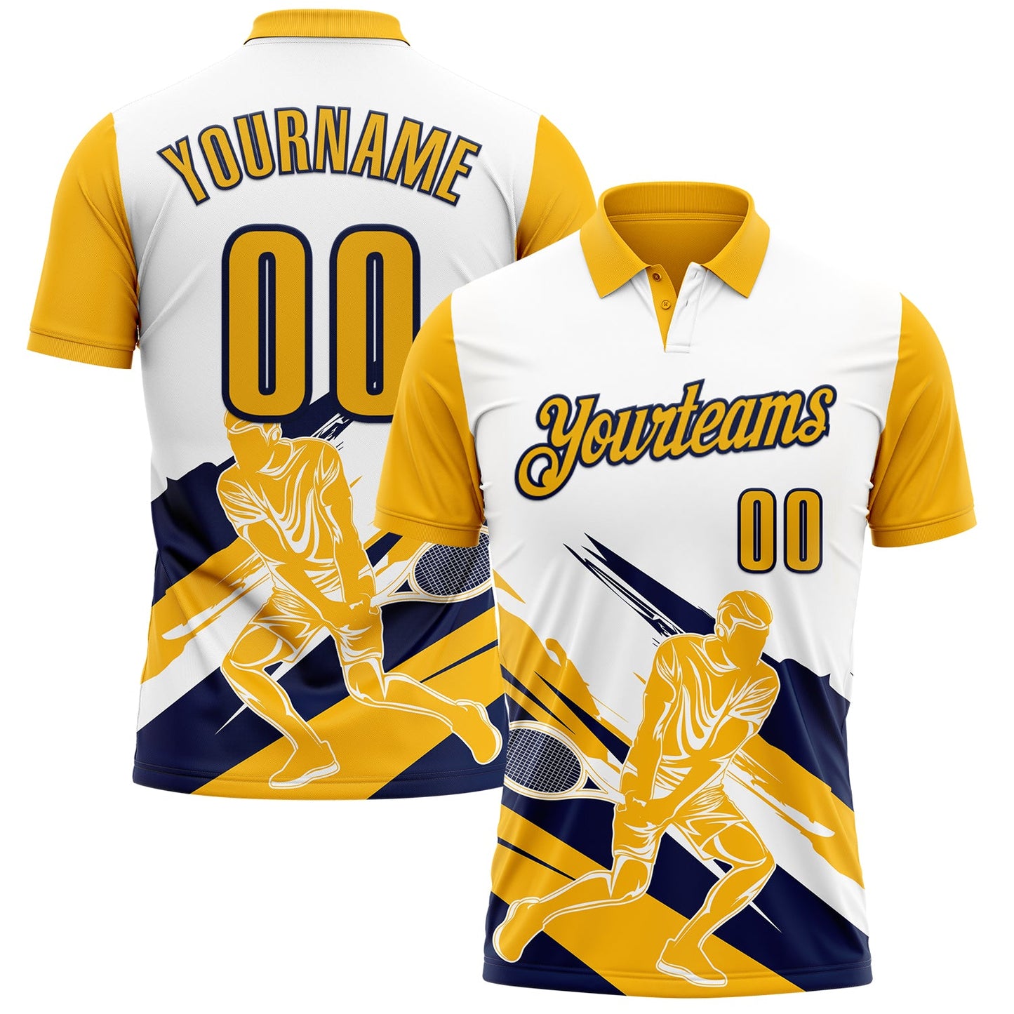Custom White Gold-Navy 3D Tennis Performance Polo Shirt - Main View