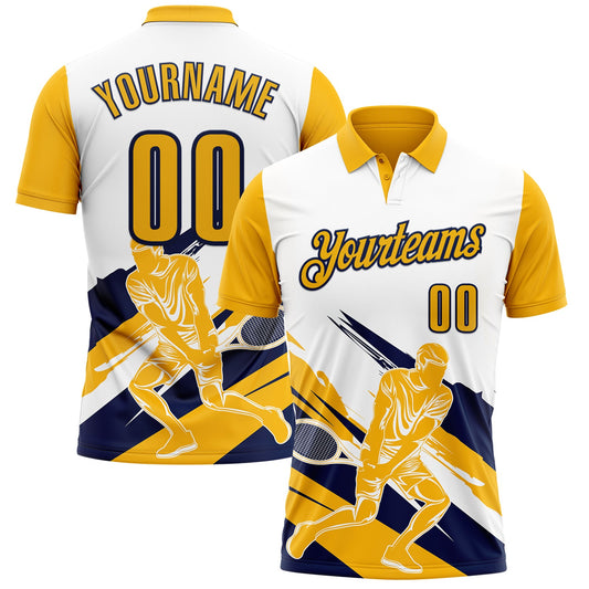 Custom White Gold-Navy 3D Tennis Performance Polo Shirt - Main View
