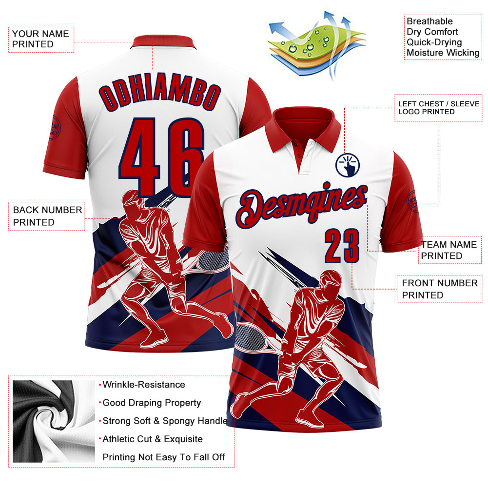 Custom White Red-Navy 3D Tennis Performance Polo Shirt view 3