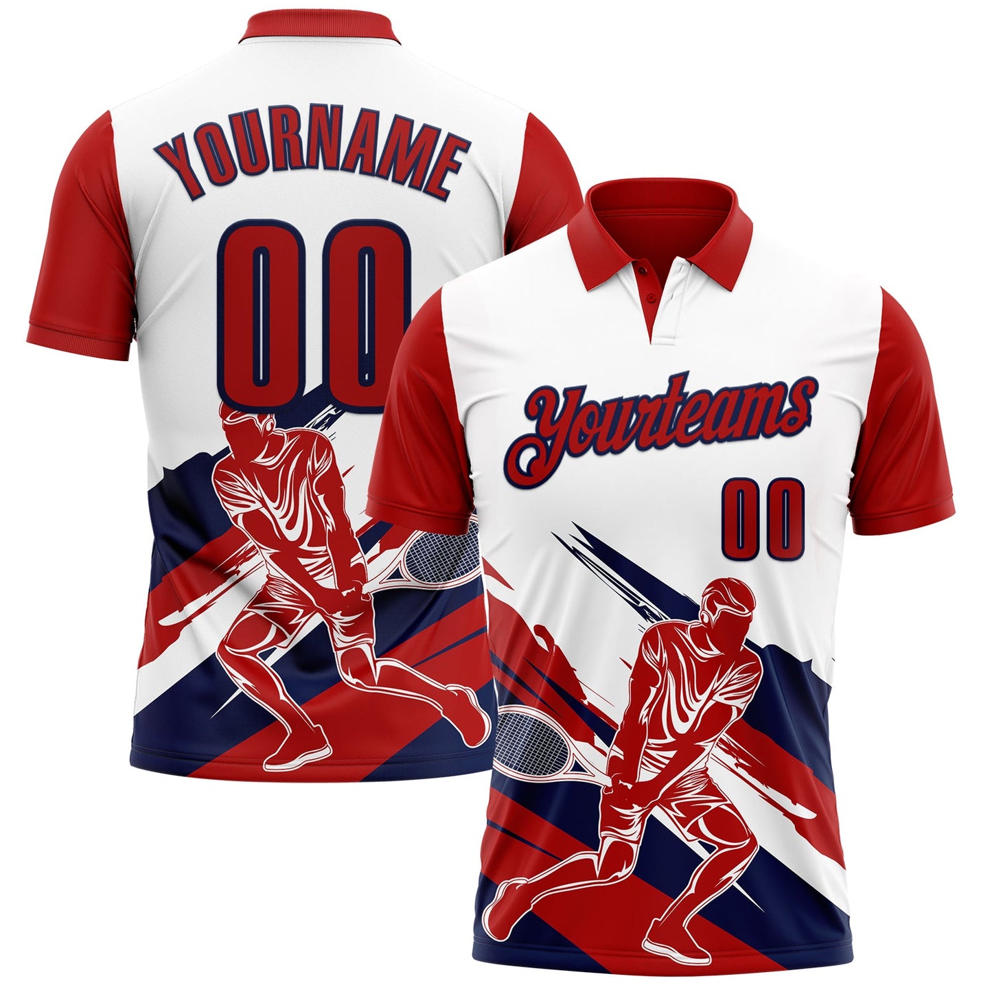 Custom White Red-Navy 3D Tennis Performance Polo Shirt - Main View