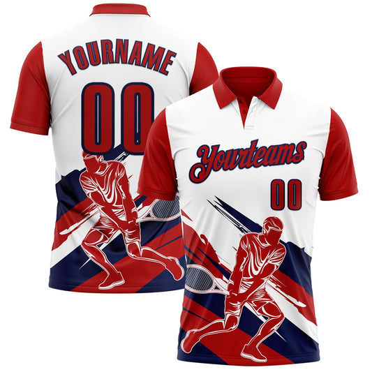Custom White Red-Navy 3D Tennis Performance Polo Shirt - Main View