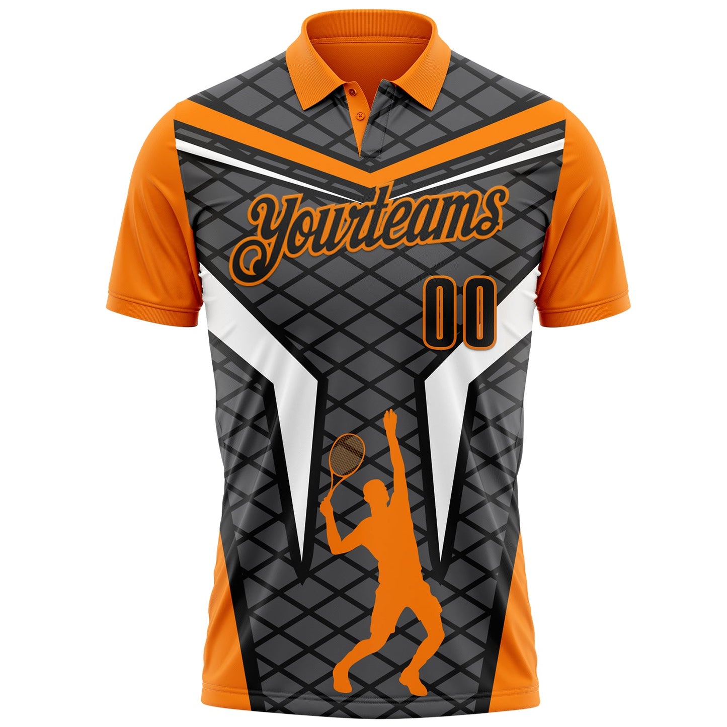 Custom Steel Gray Black-Bay Orange 3D Tennis Performance Polo Shirt view 2
