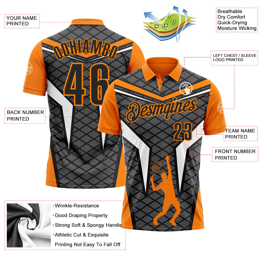 Custom Steel Gray Black-Bay Orange 3D Tennis Performance Polo Shirt view 3