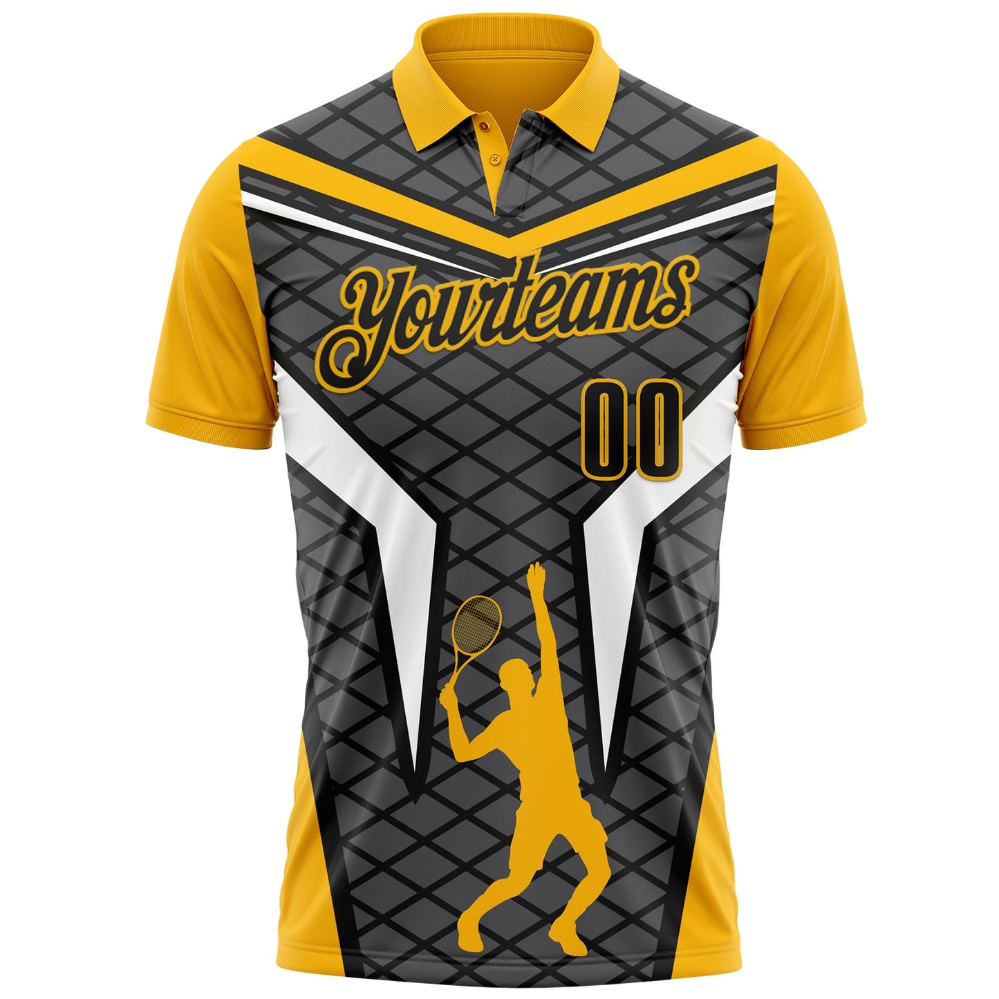 Custom Steel Gray Black-Gold 3D Tennis Performance Polo Shirt view 2