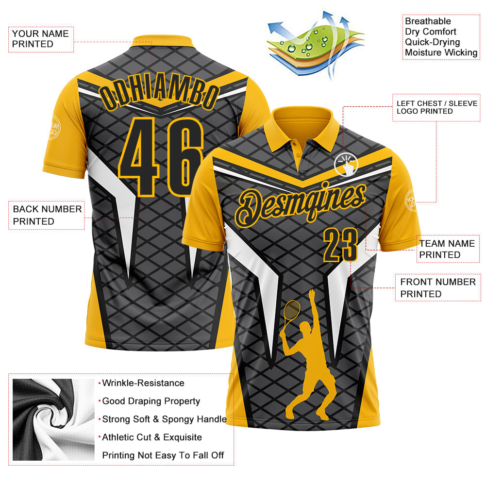 Custom Steel Gray Black-Gold 3D Tennis Performance Polo Shirt view 3