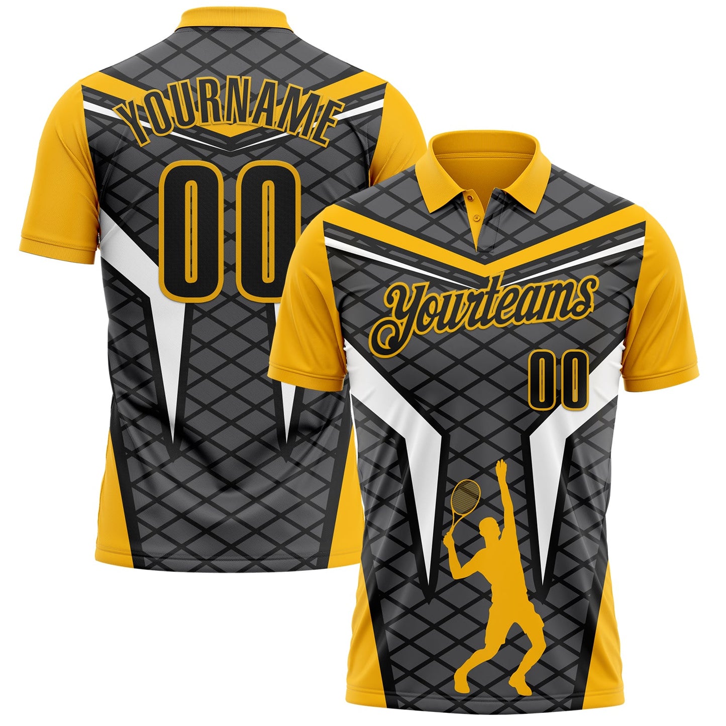 Custom Steel Gray Black-Gold 3D Tennis Performance Polo Shirt - Main View