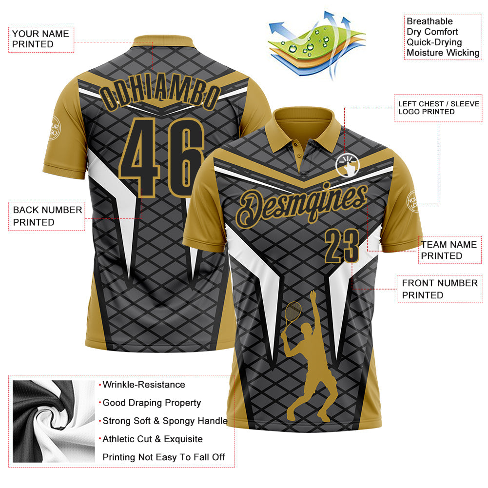Custom Steel Gray Black-Old Gold 3D Tennis Performance Polo Shirt view 3