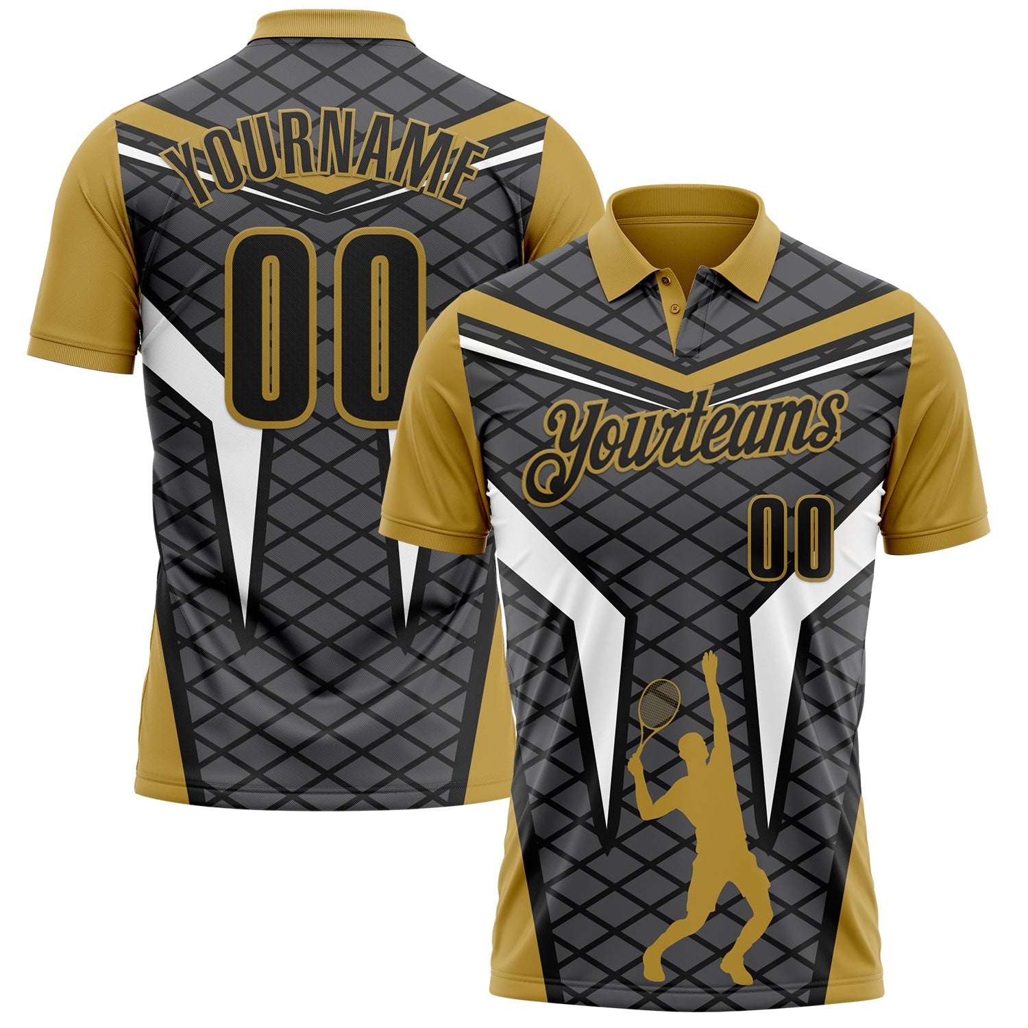 Custom Steel Gray Black-Old Gold 3D Tennis Performance Polo Shirt - Main View