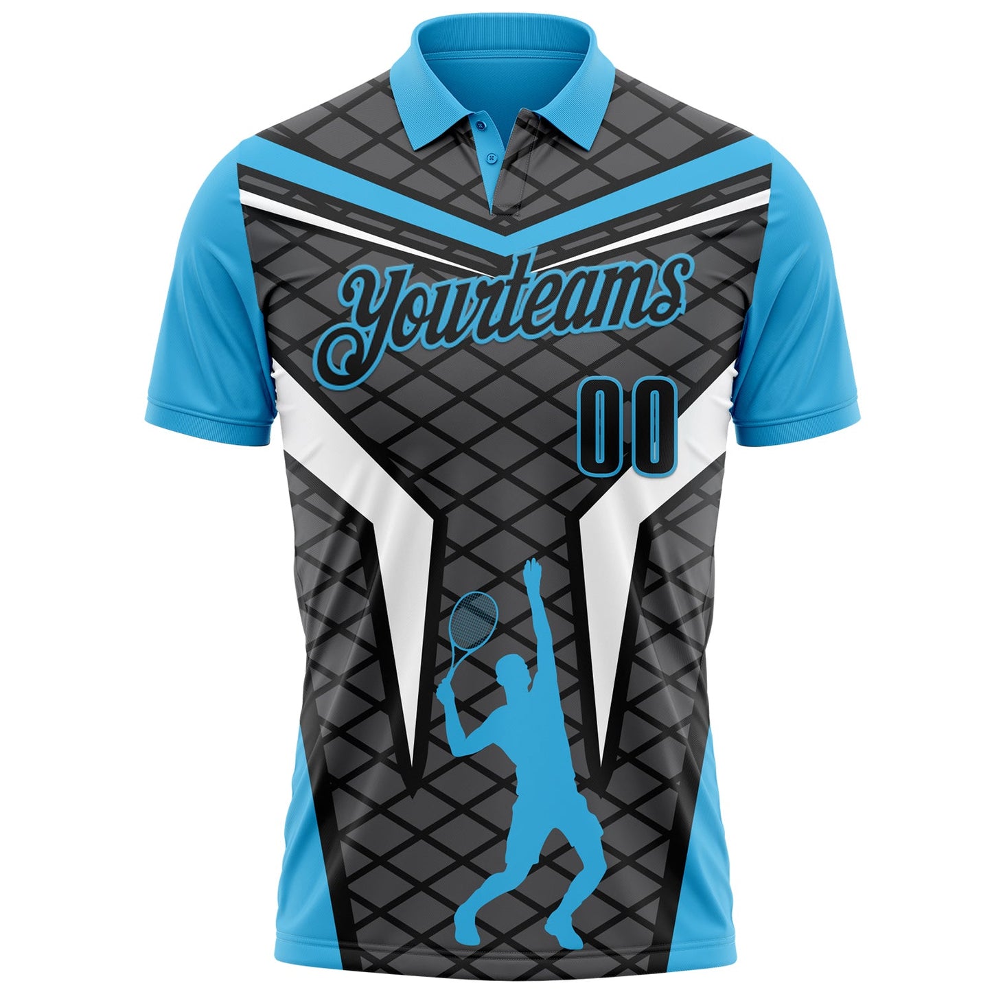 Custom Steel Gray Black-Sky Blue 3D Tennis Performance Polo Shirt view 2