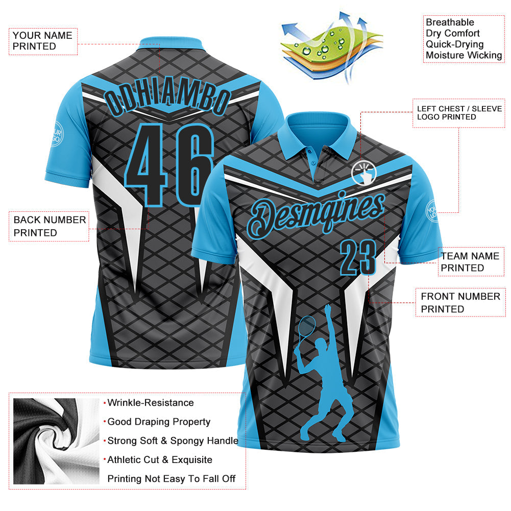 Custom Steel Gray Black-Sky Blue 3D Tennis Performance Polo Shirt view 3