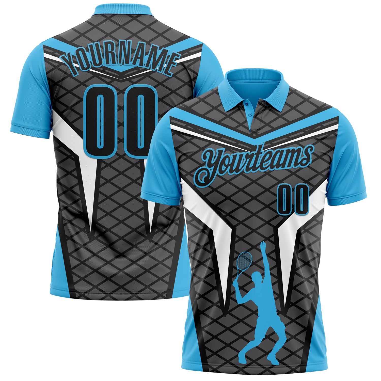 Custom Steel Gray Black-Sky Blue 3D Tennis Performance Polo Shirt - Main View