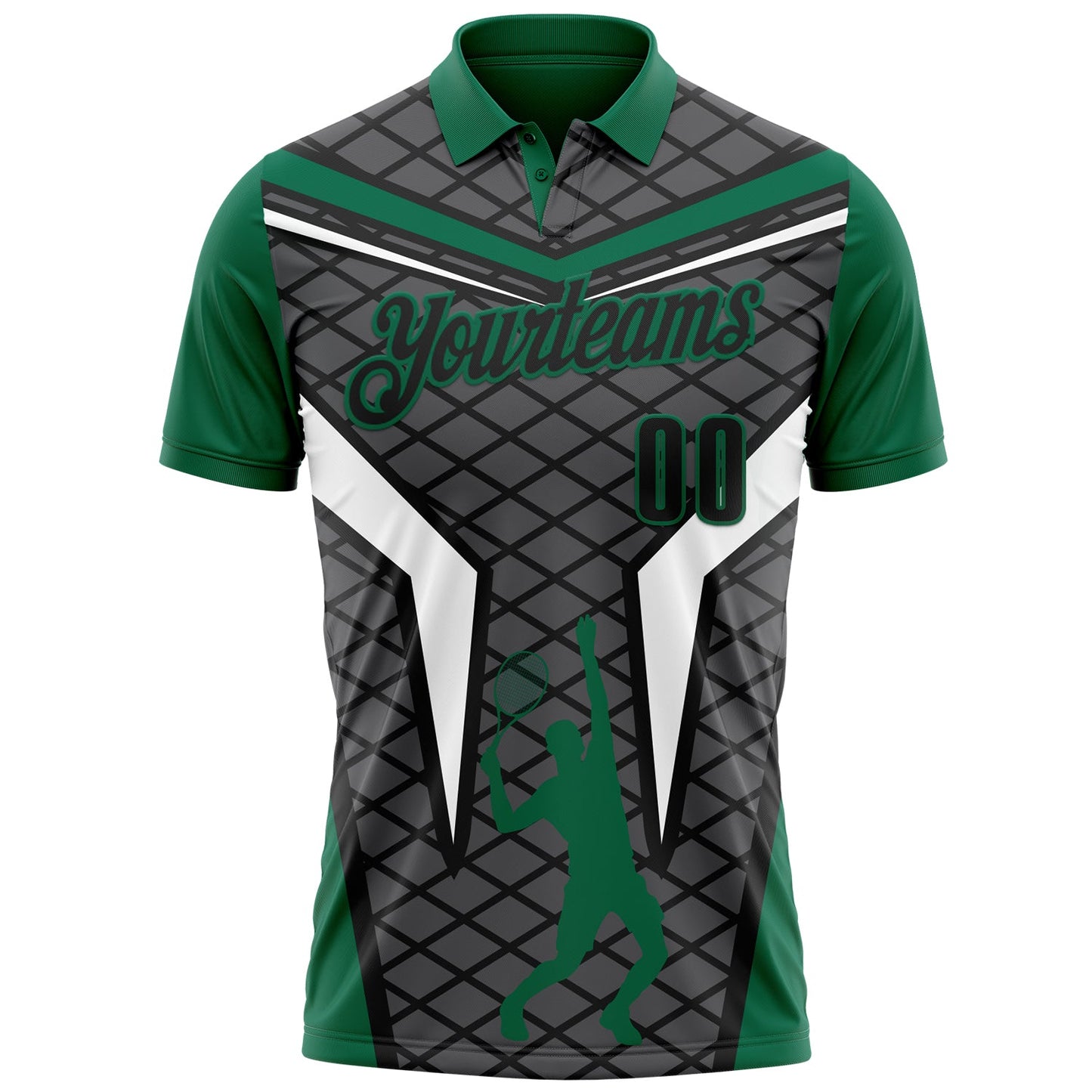 Custom Steel Gray Black-Kelly Green 3D Tennis Performance Polo Shirt view 2