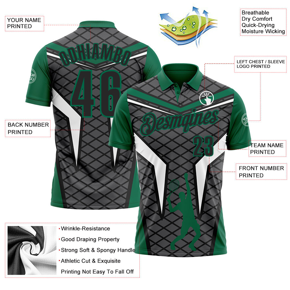 Custom Steel Gray Black-Kelly Green 3D Tennis Performance Polo Shirt view 3