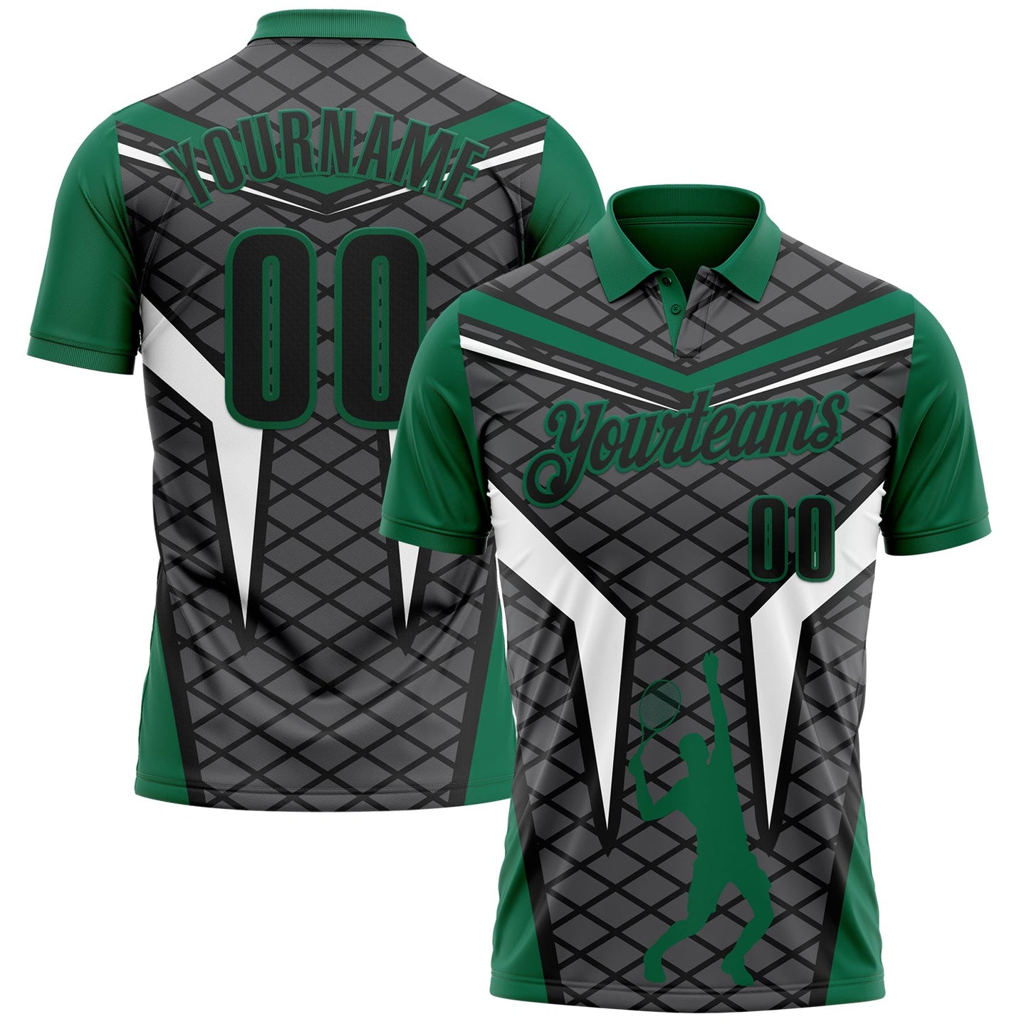 Custom Steel Gray Black-Kelly Green 3D Tennis Performance Polo Shirt - Main View
