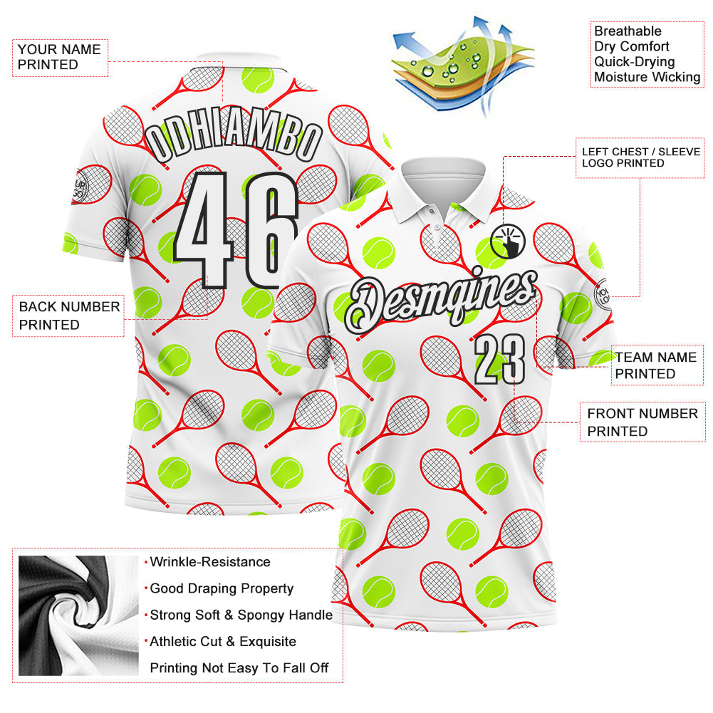 Custom White Black 3D Tennis Performance Polo Shirt view 3