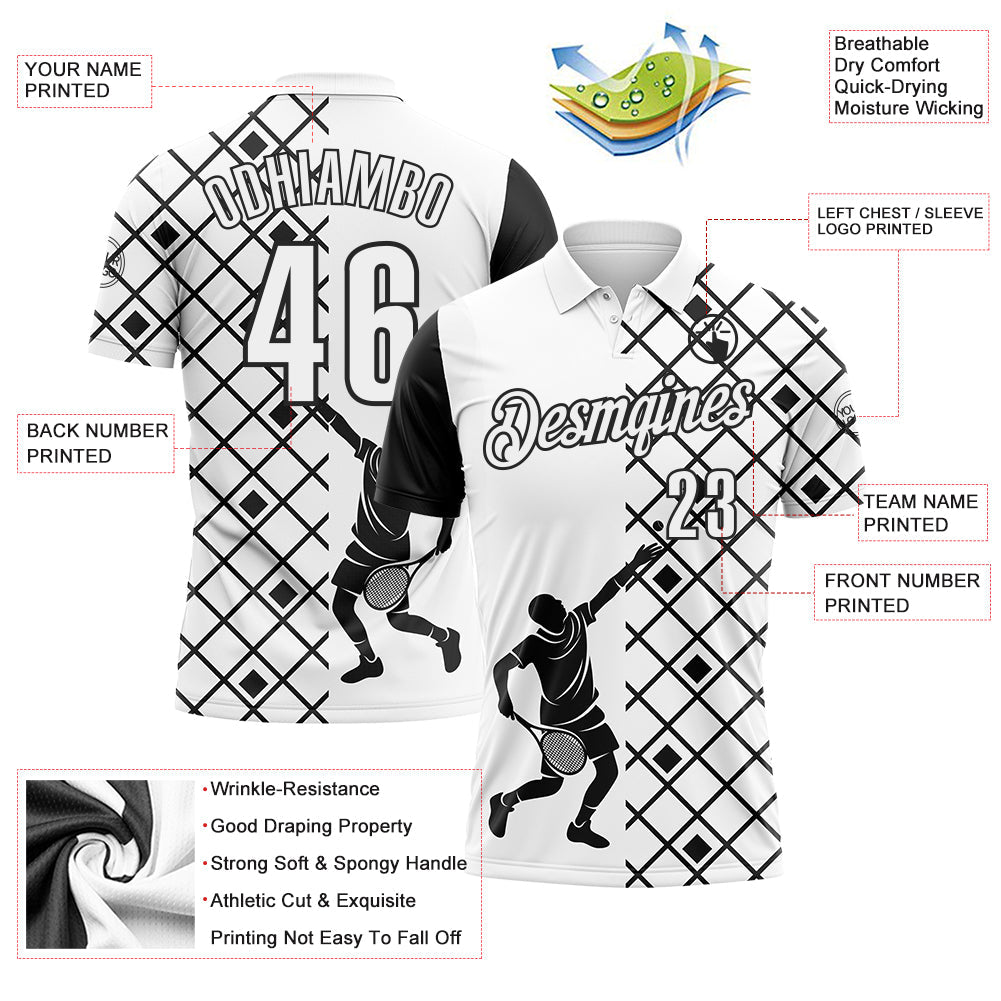 Custom White Black 3D Tennis Performance Polo Shirt view 3