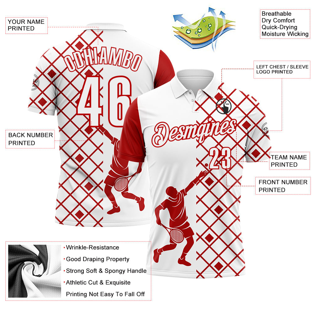 Custom White Red 3D Tennis Performance Polo Shirt view 3