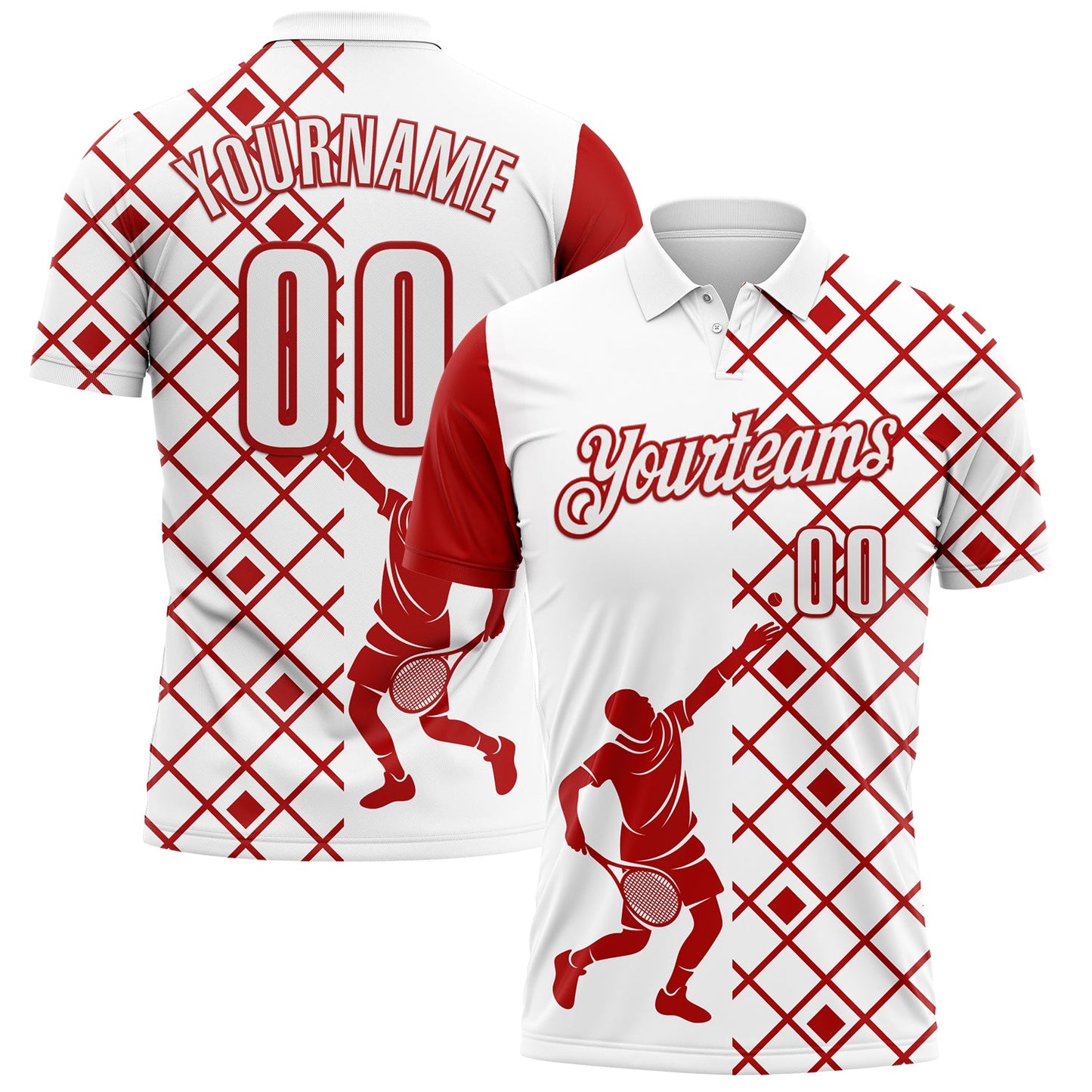 Custom White Red 3D Tennis Performance Polo Shirt - Main View