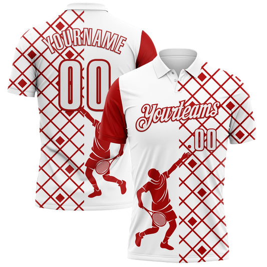 Custom White Red 3D Tennis Performance Polo Shirt - Main View