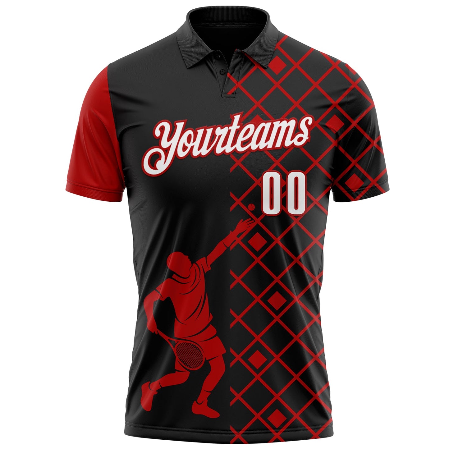 Custom Black White-Red 3D Tennis Performance Polo Shirt view 2