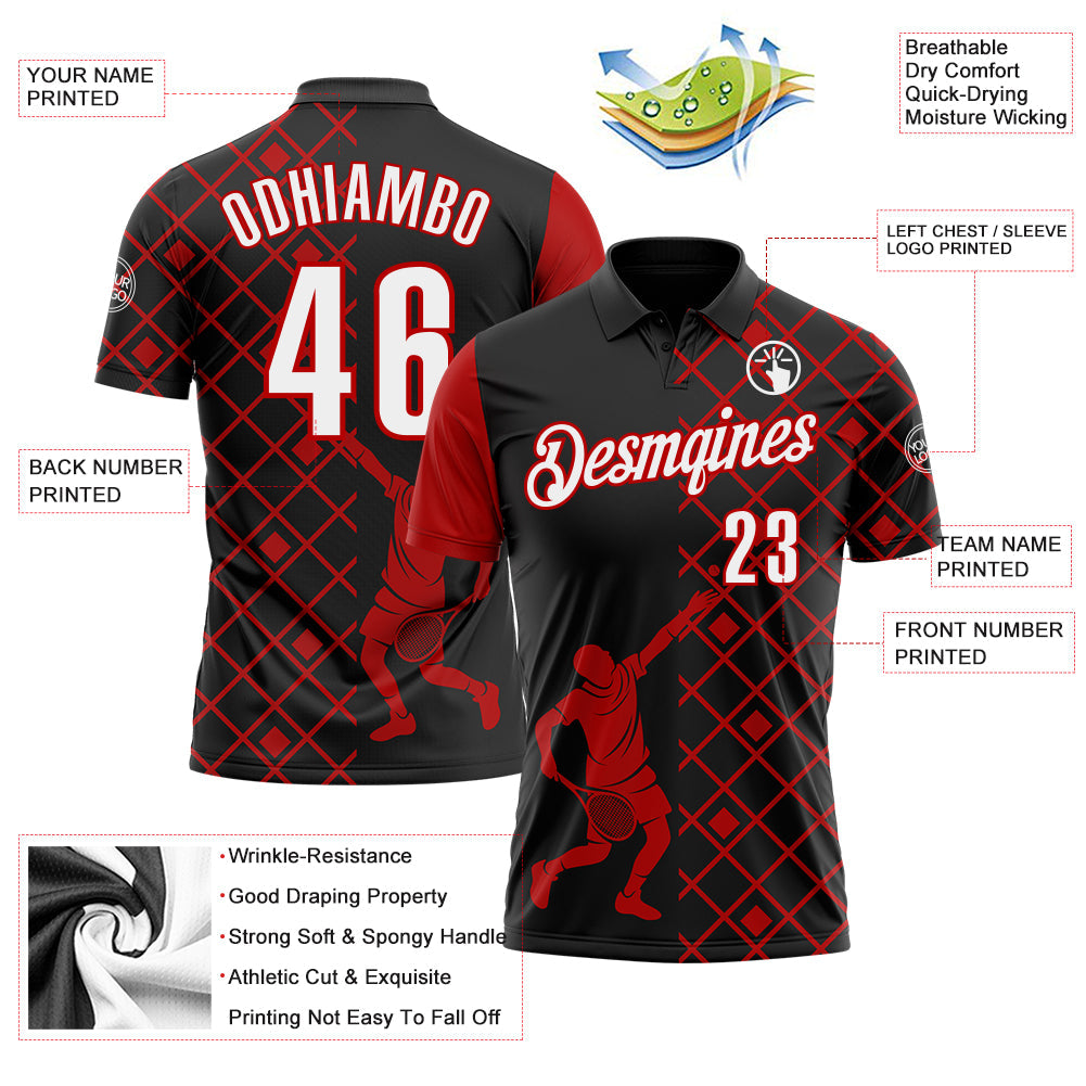 Custom Black White-Red 3D Tennis Performance Polo Shirt view 3