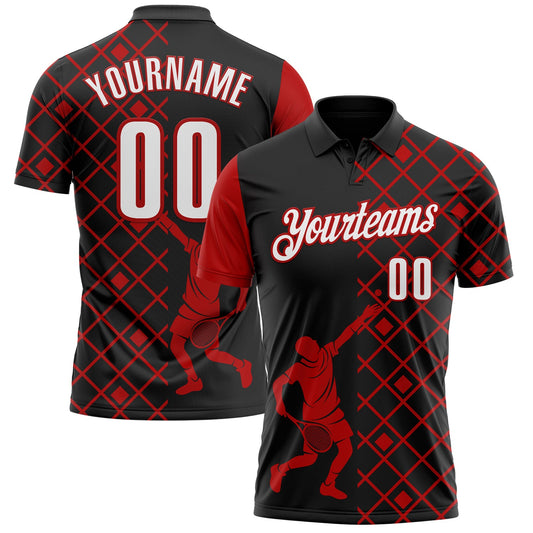 Custom Black White-Red 3D Tennis Performance Polo Shirt - Main View