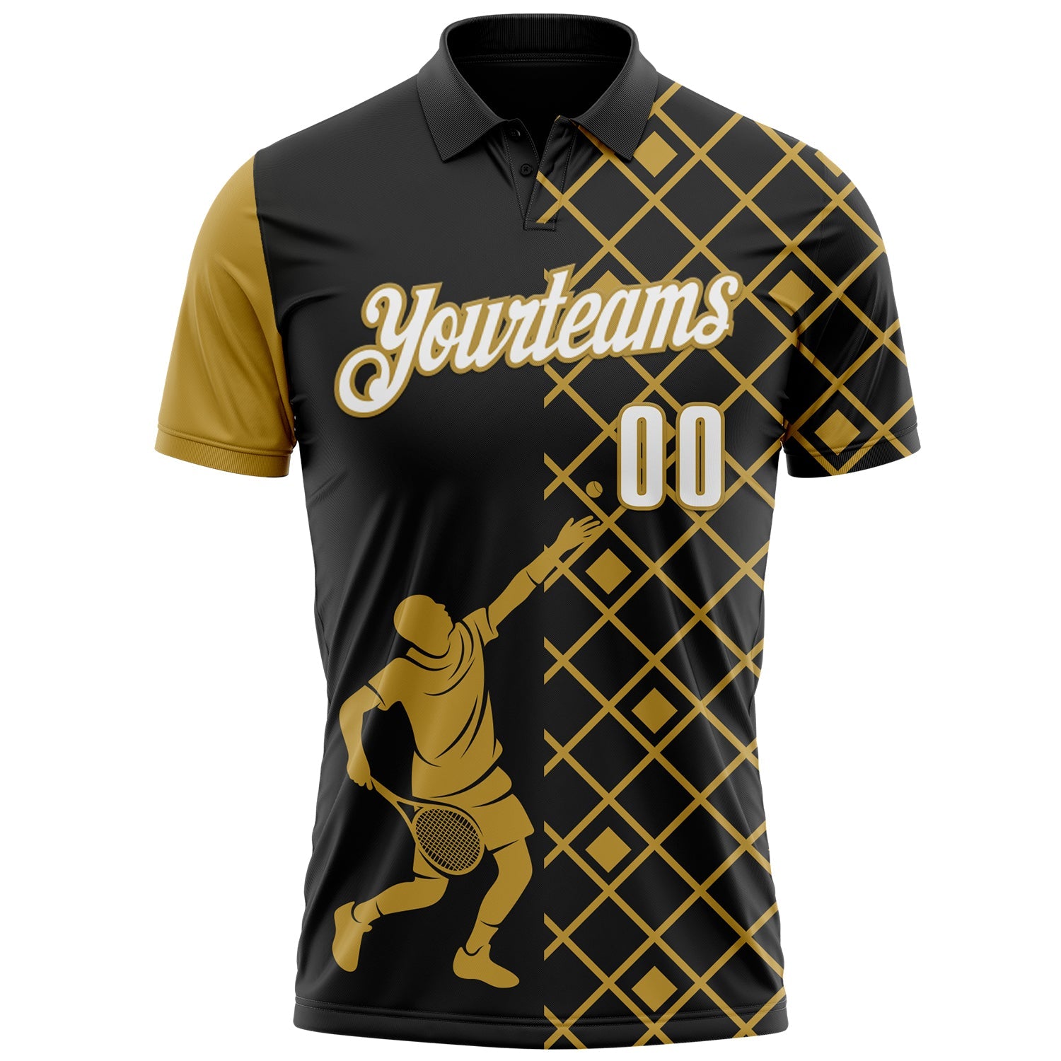 Custom Black White-Old Gold 3D Tennis Performance Polo Shirt view 2