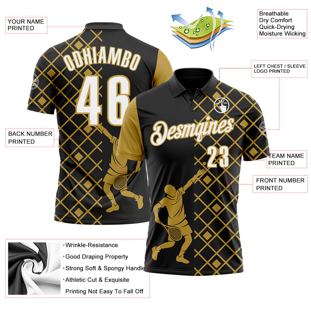 Custom Black White-Old Gold 3D Tennis Performance Polo Shirt view 3