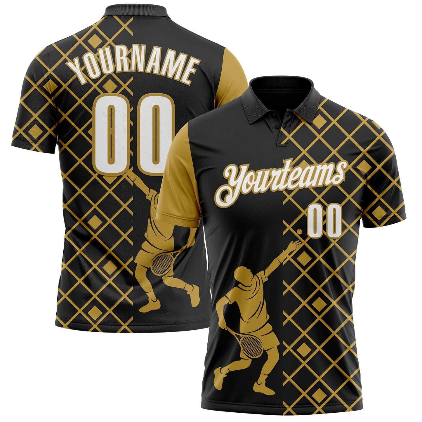 Custom Black White-Old Gold 3D Tennis Performance Polo Shirt - Main View