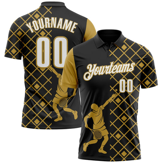 Custom Black White-Old Gold 3D Tennis Performance Polo Shirt - Main View