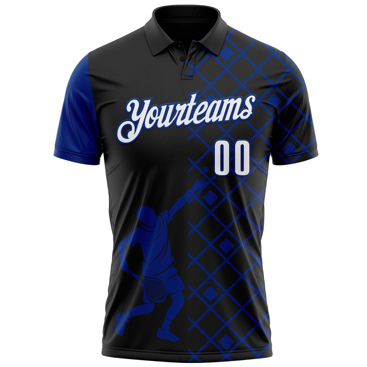 Custom Black White-Royal 3D Tennis Performance Polo Shirt view 2