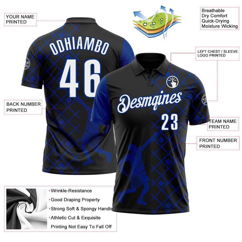 Custom Black White-Royal 3D Tennis Performance Polo Shirt view 3