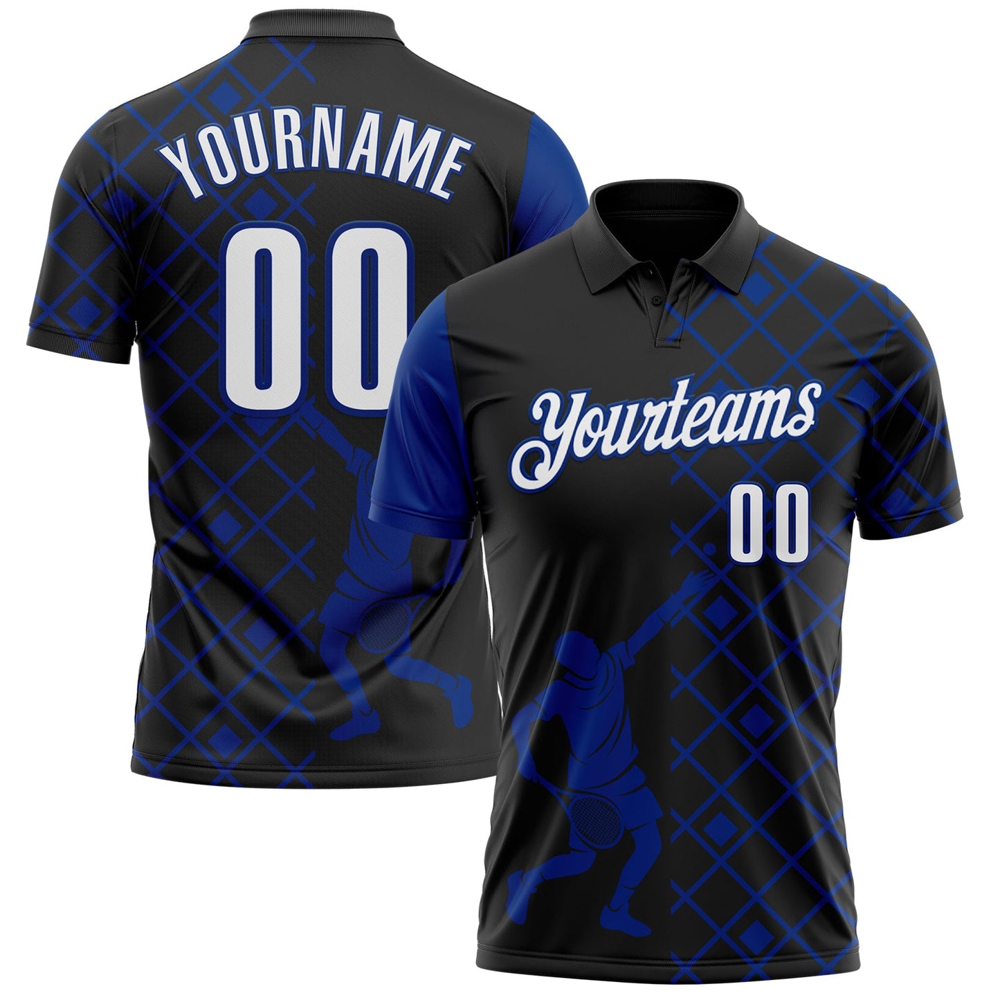 Custom Black White-Royal 3D Tennis Performance Polo Shirt - Main View