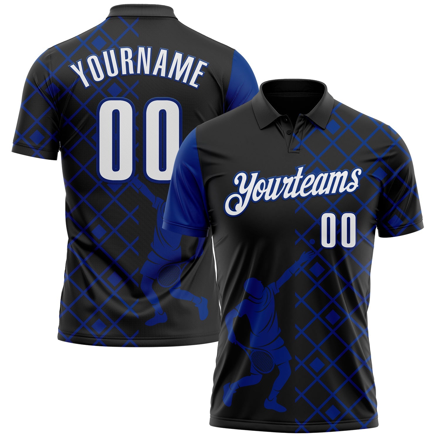 Custom Black White-Royal 3D Tennis Performance Polo Shirt - Main View