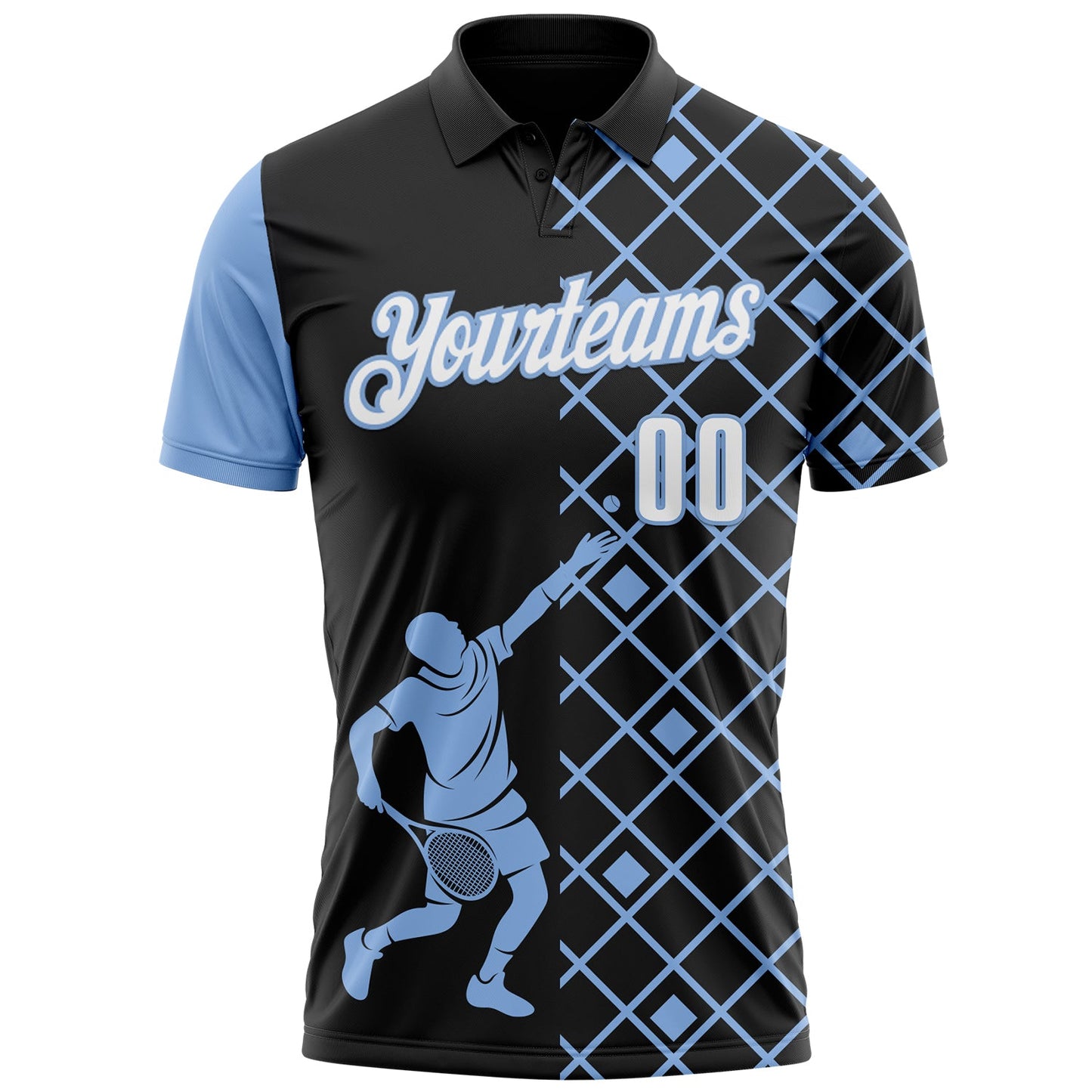 Custom Black White-Light Blue 3D Tennis Performance Polo Shirt view 2