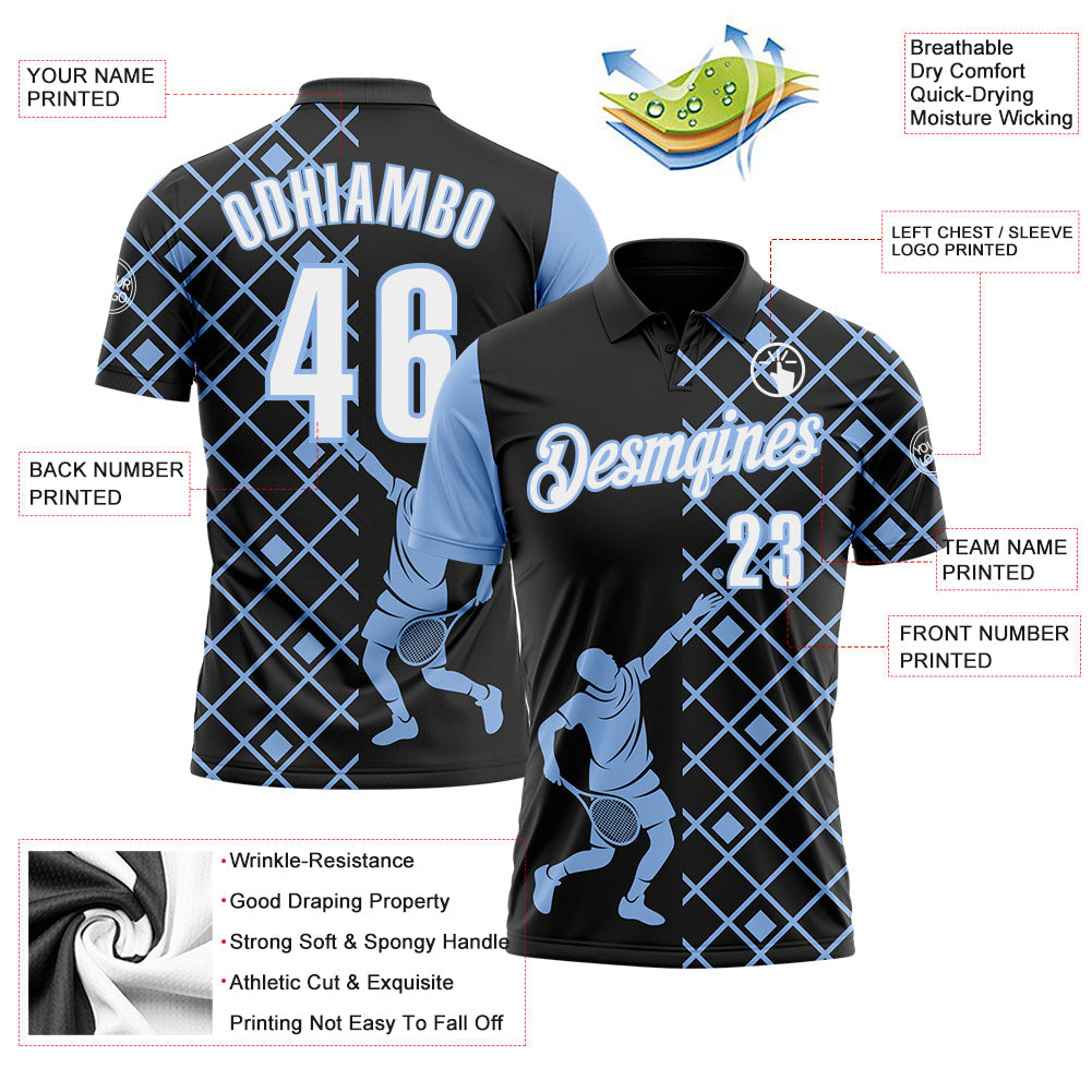 Custom Black White-Light Blue 3D Tennis Performance Polo Shirt view 3