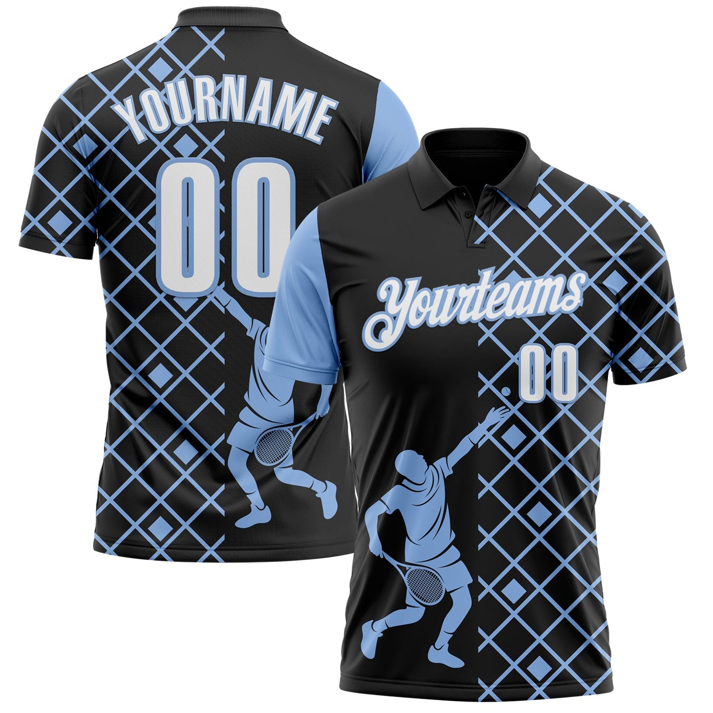 Custom Black White-Light Blue 3D Tennis Performance Polo Shirt - Main View