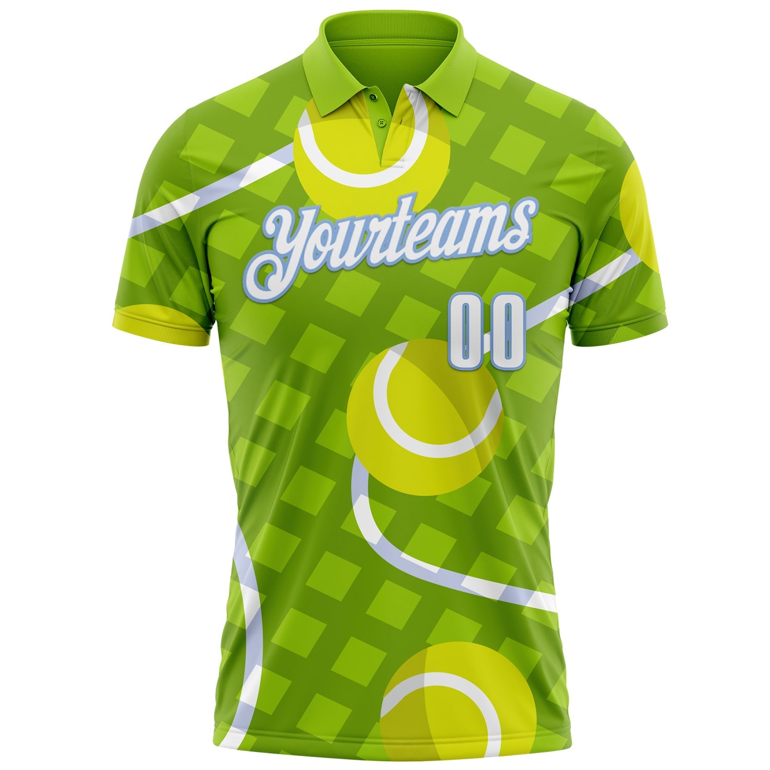Custom Neon Green White-Light Blue 3D Tennis Performance Polo Shirt view 2
