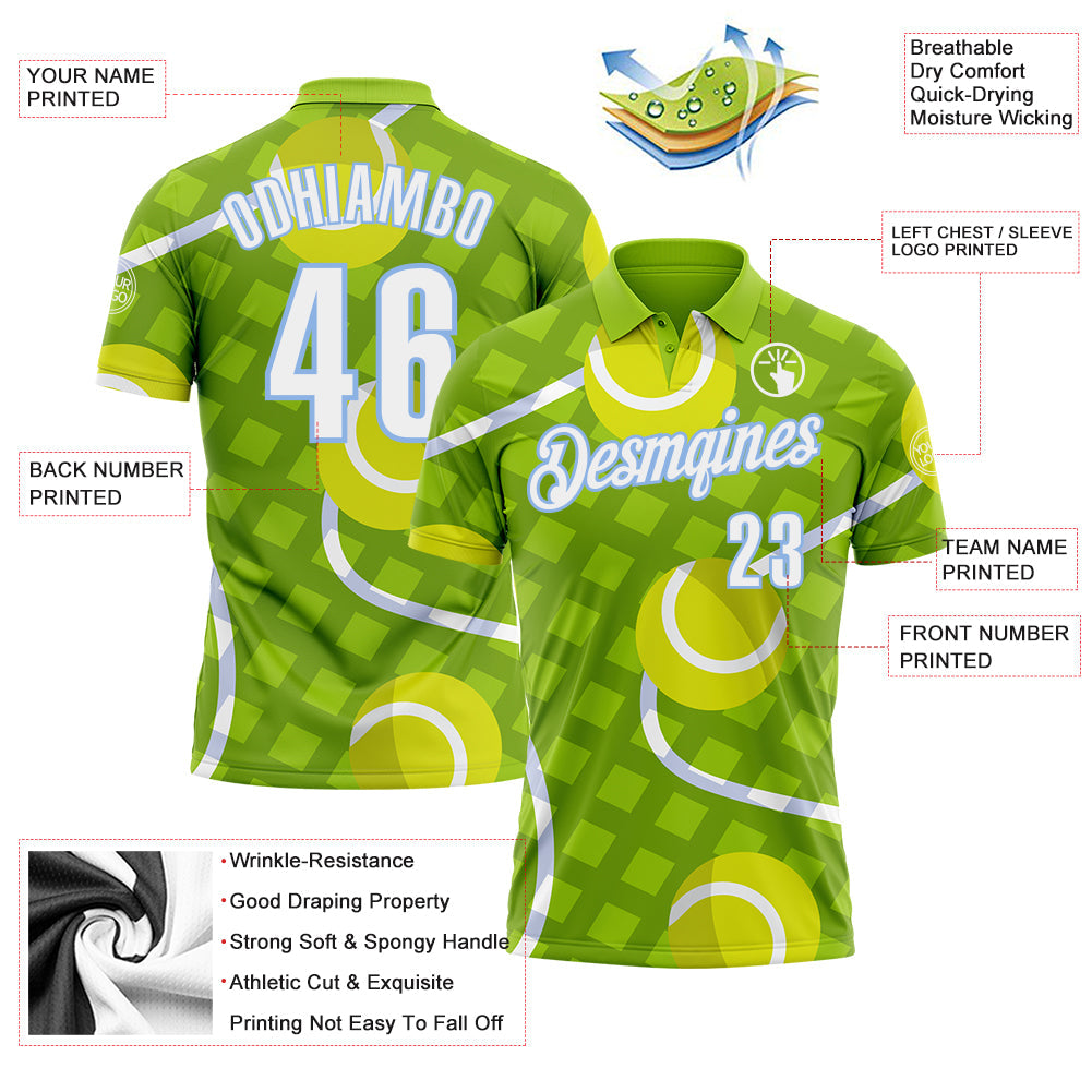 Custom Neon Green White-Light Blue 3D Tennis Performance Polo Shirt view 3