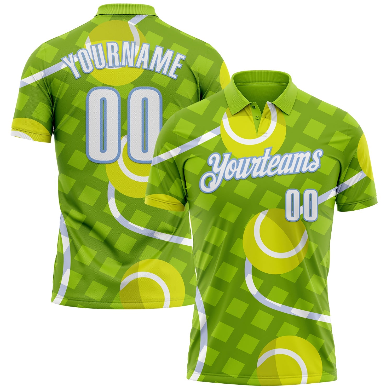 Custom Neon Green White-Light Blue 3D Tennis Performance Polo Shirt - Main View