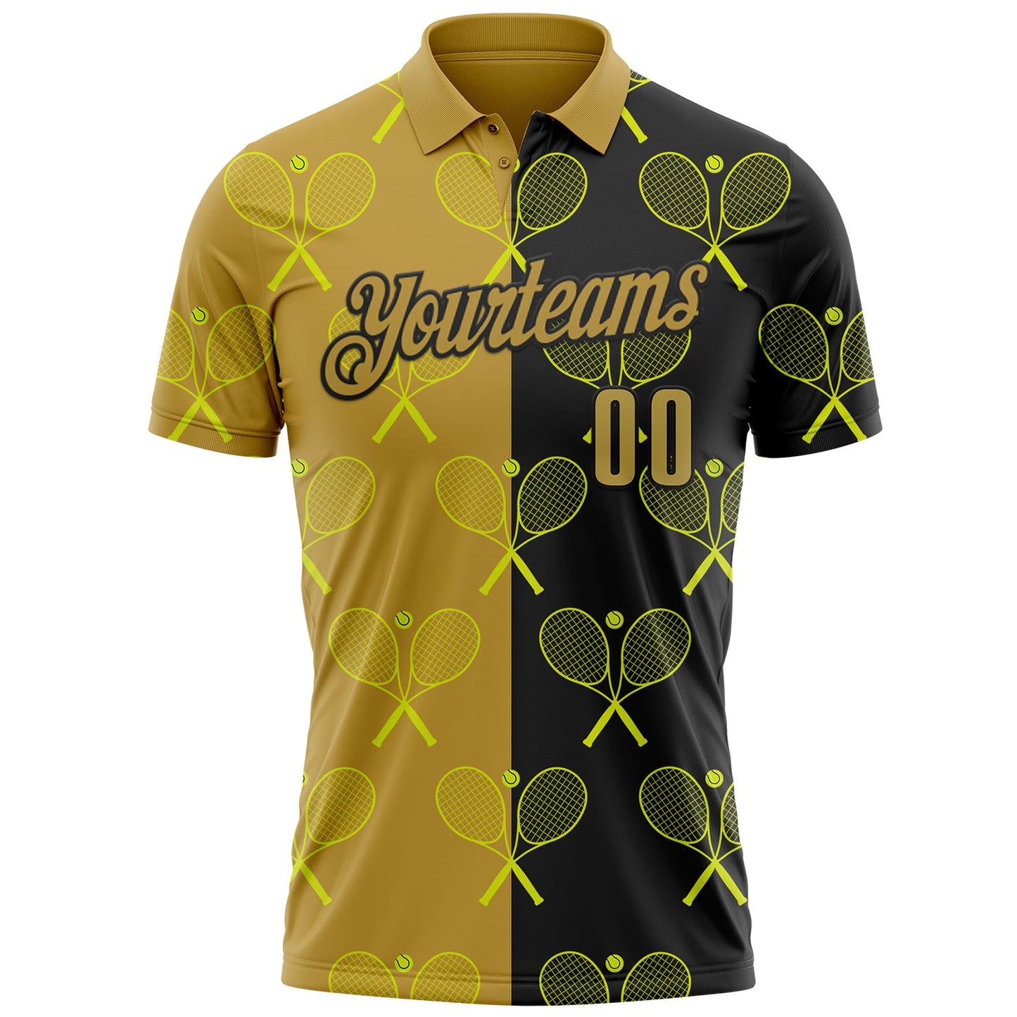 Custom Black Old Gold 3D Tennis Performance Polo Shirt view 2