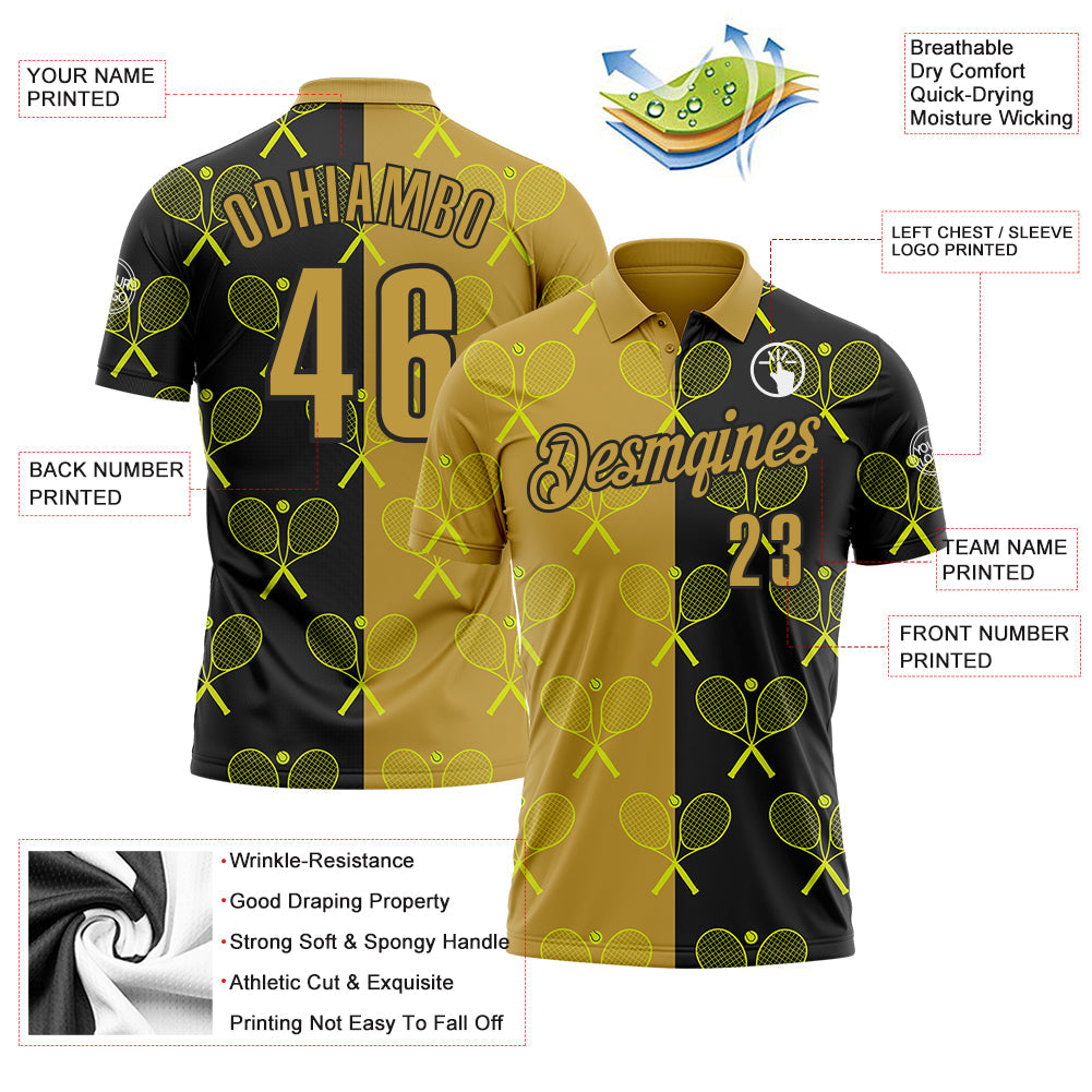 Custom Black Old Gold 3D Tennis Performance Polo Shirt view 3
