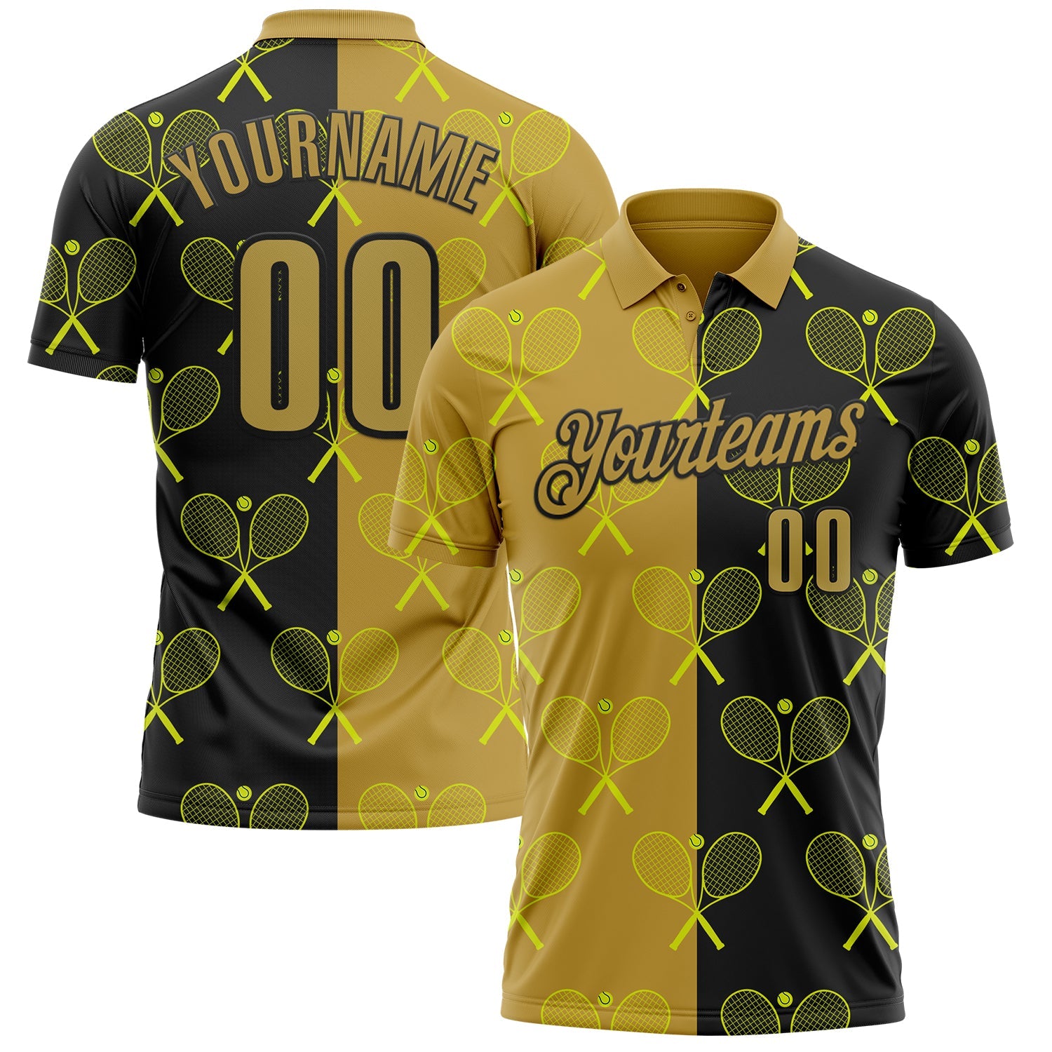 Custom Black Old Gold 3D Tennis Performance Polo Shirt - Main View