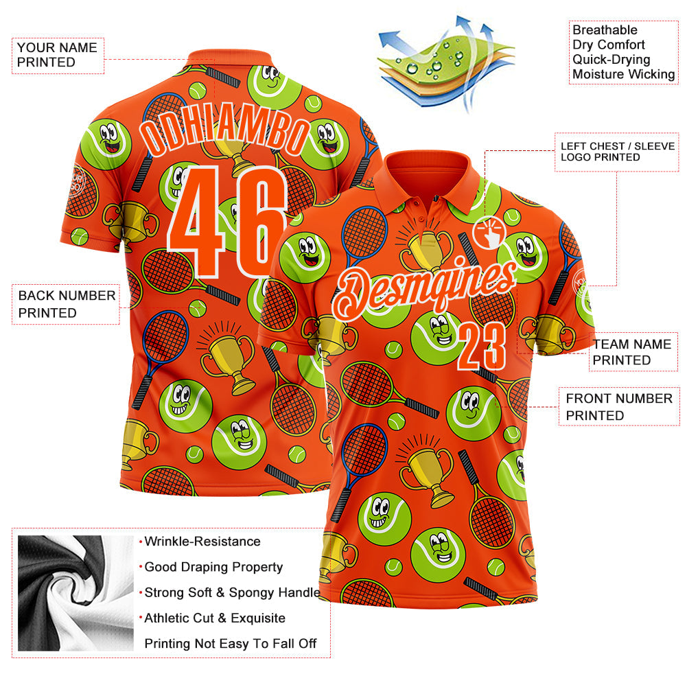 Custom Orange White 3D Tennis Performance Polo Shirt view 3